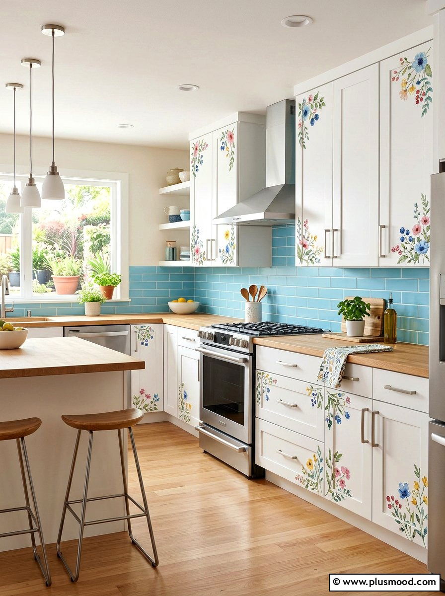 Floral kitchen cabinet stickers - 25 summer floral kitchen decor ideas
