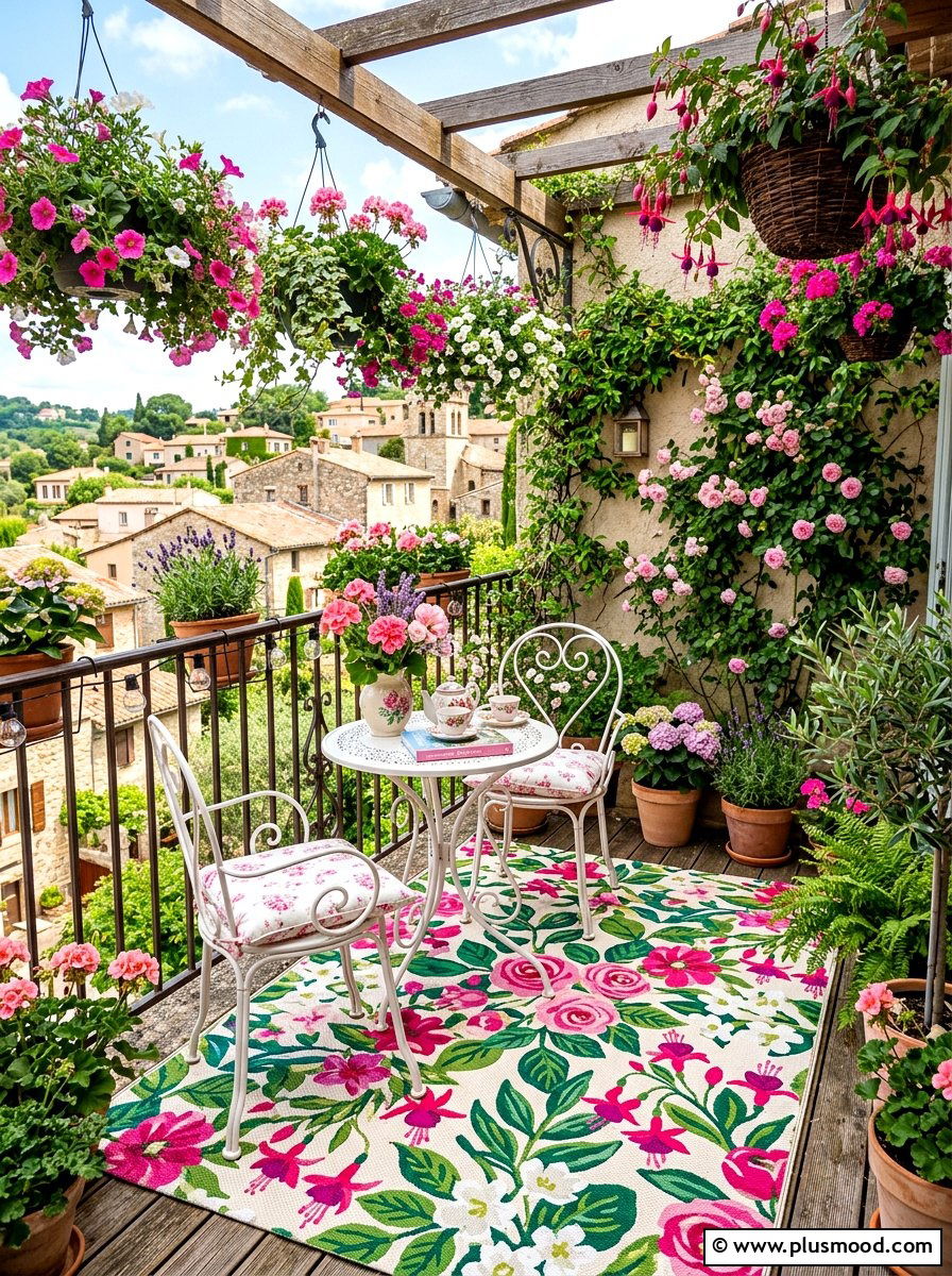 Floral outdoor rug - 25 summer balcony floor decor ideas