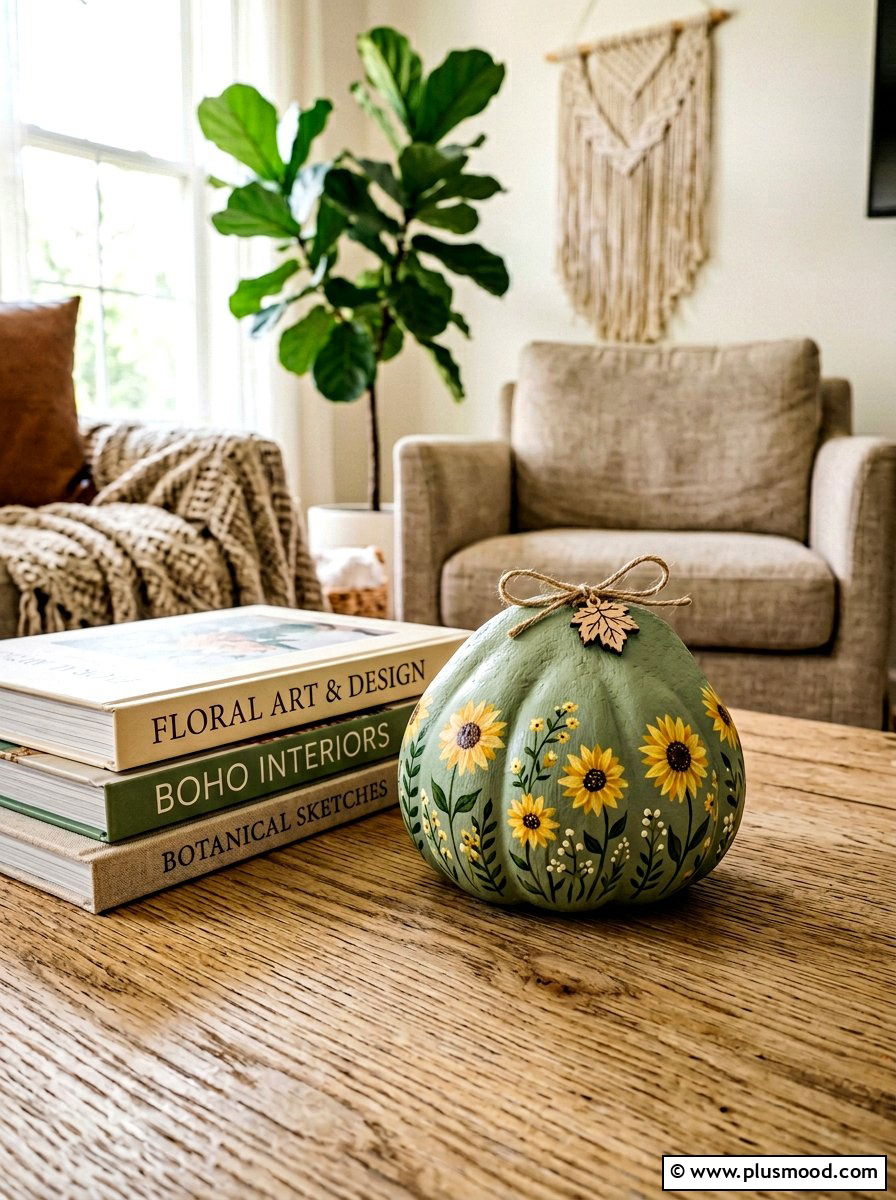 Floral painted pumpkin rock - 25 painted rock ideas with pumpkin art