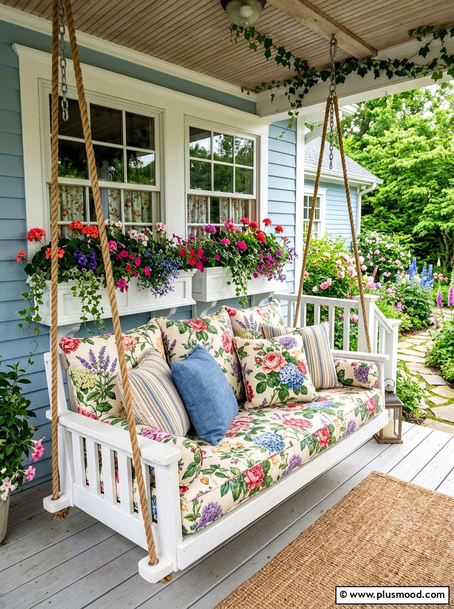 Floral pillow porch swing - 25 summer porch swing curb appeal ideas