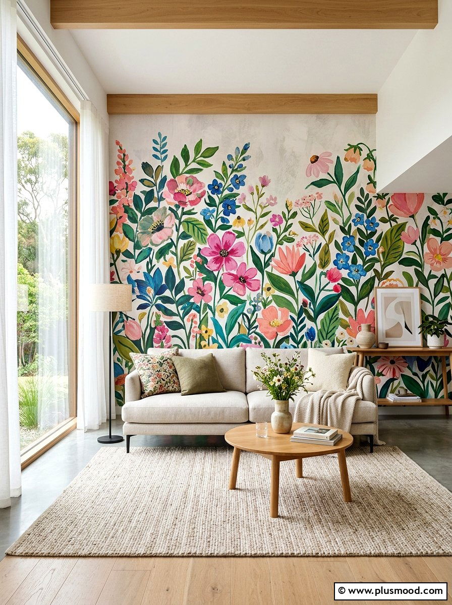 Floral wall mural - 25 summer floral decor ideas for living room