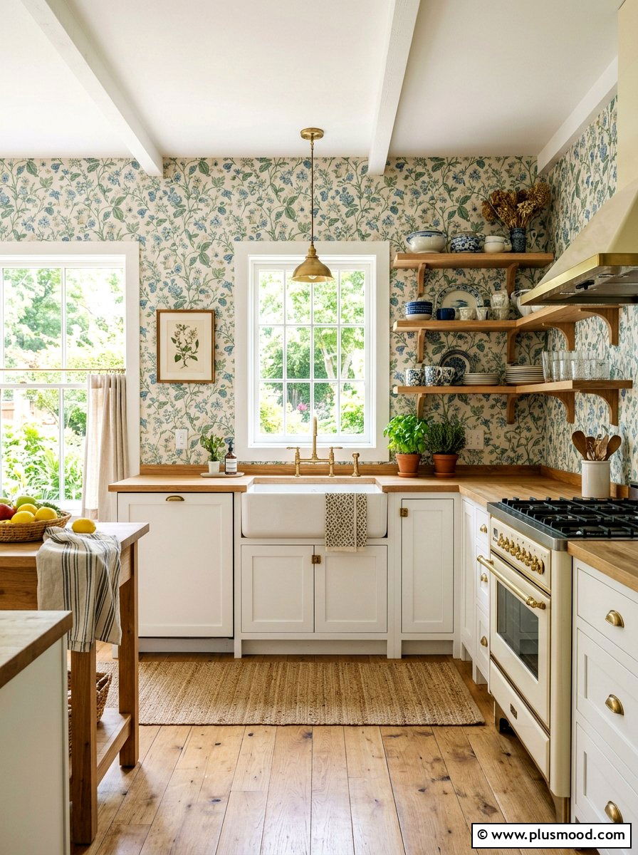 Floral wallpaper accent - 25 summer cottage kitchen ideas
