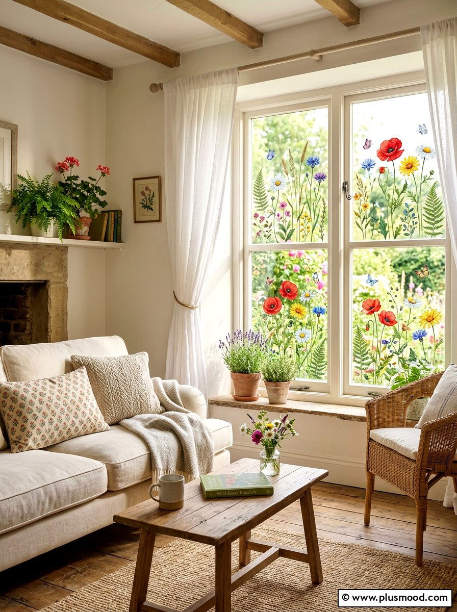 Floral window stickers - 25 summer window decor ideas for living room