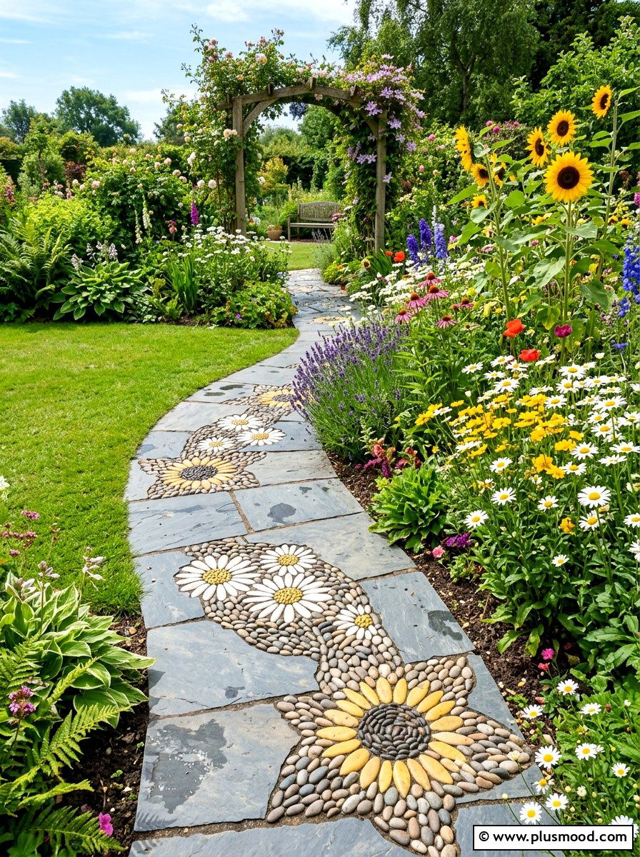 Flower Pattern Pebbles - 25 painted rock ideas for pathway art
