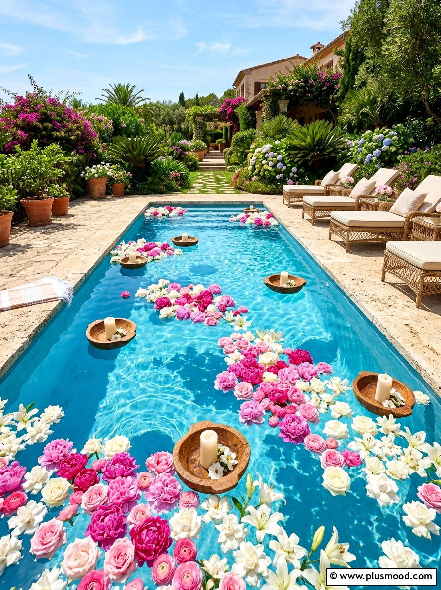 Flower Pool Floating Decor - 25 summer boho outdoor party ideas