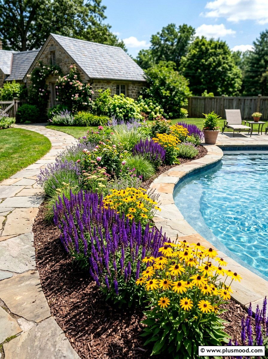 Flower beds near pool - 25 pool landscaping ideas with curved edges