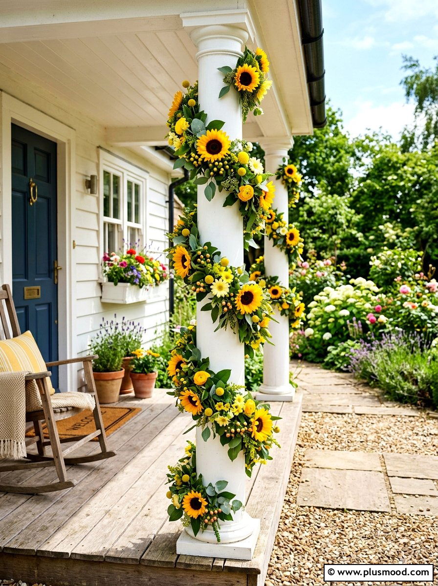 Flower garland porch column - 25 summer porch column decor ideas