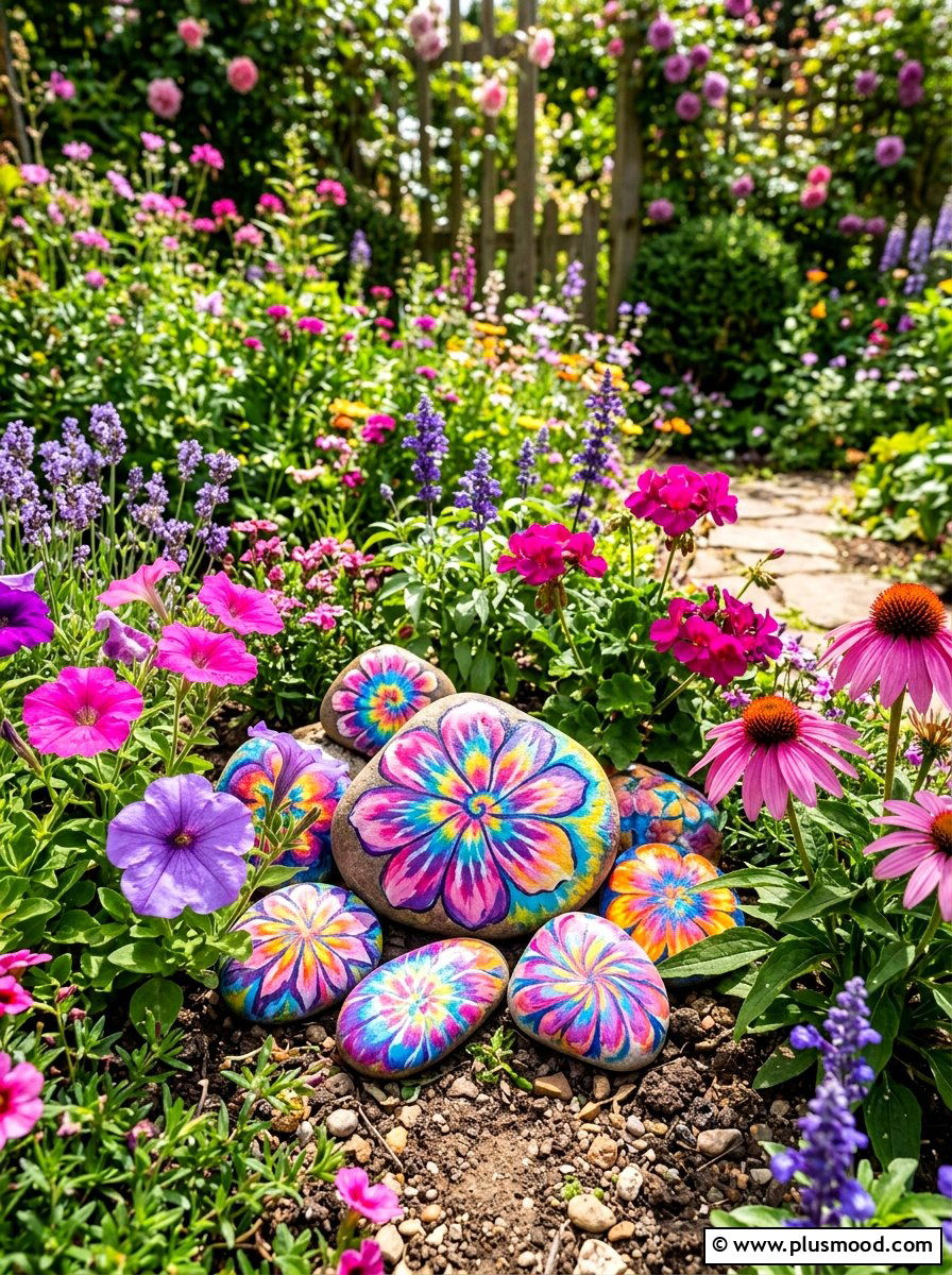 Flower tie dye rock painting - 25 painted rock ideas with tie dye effect