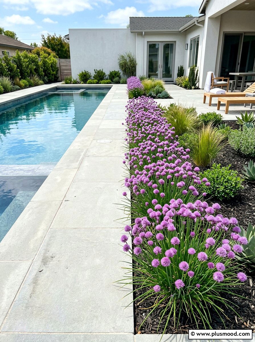 Flowering Chives Pool Border - 25 pool landscaping ideas with herbs
