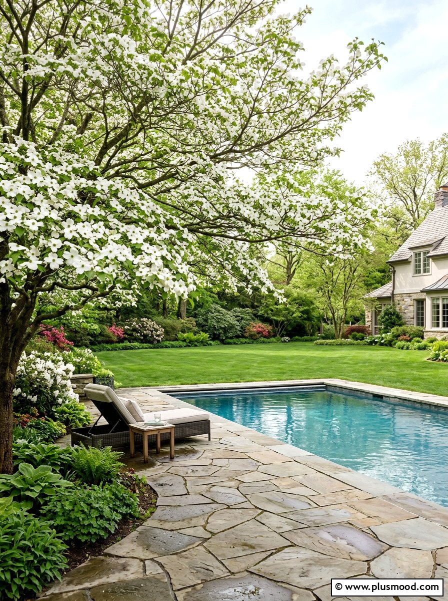 Flowering Dogwood Tree Pool Surround - 25 pool landscaping ideas with shade trees