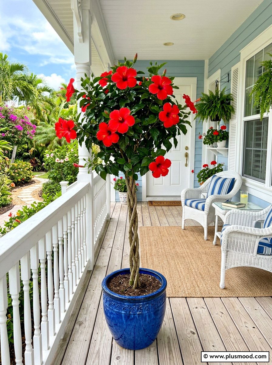 Flowering Hibiscus Topiary - 25 summer topiary ideas for front entry