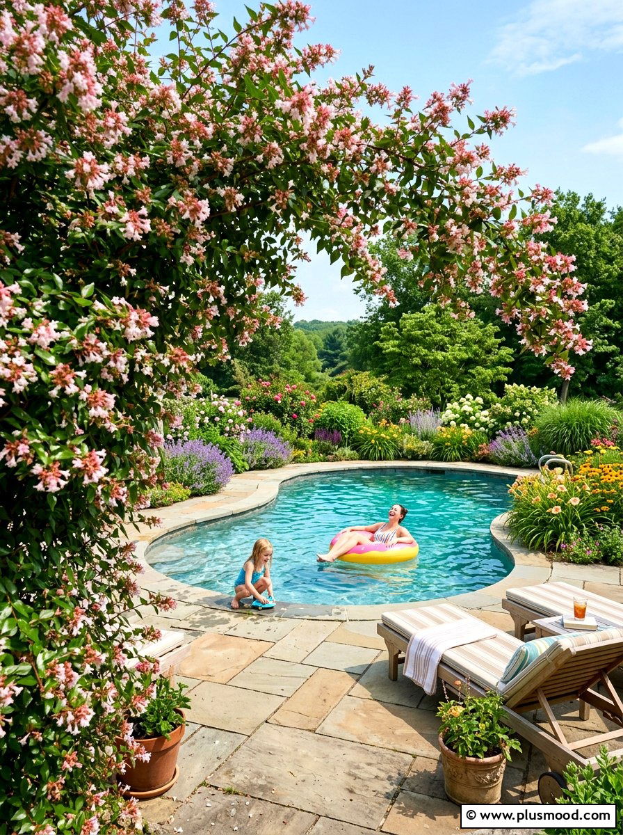 Flowering hedge around pool - 25 pool landscaping ideas with hedge border