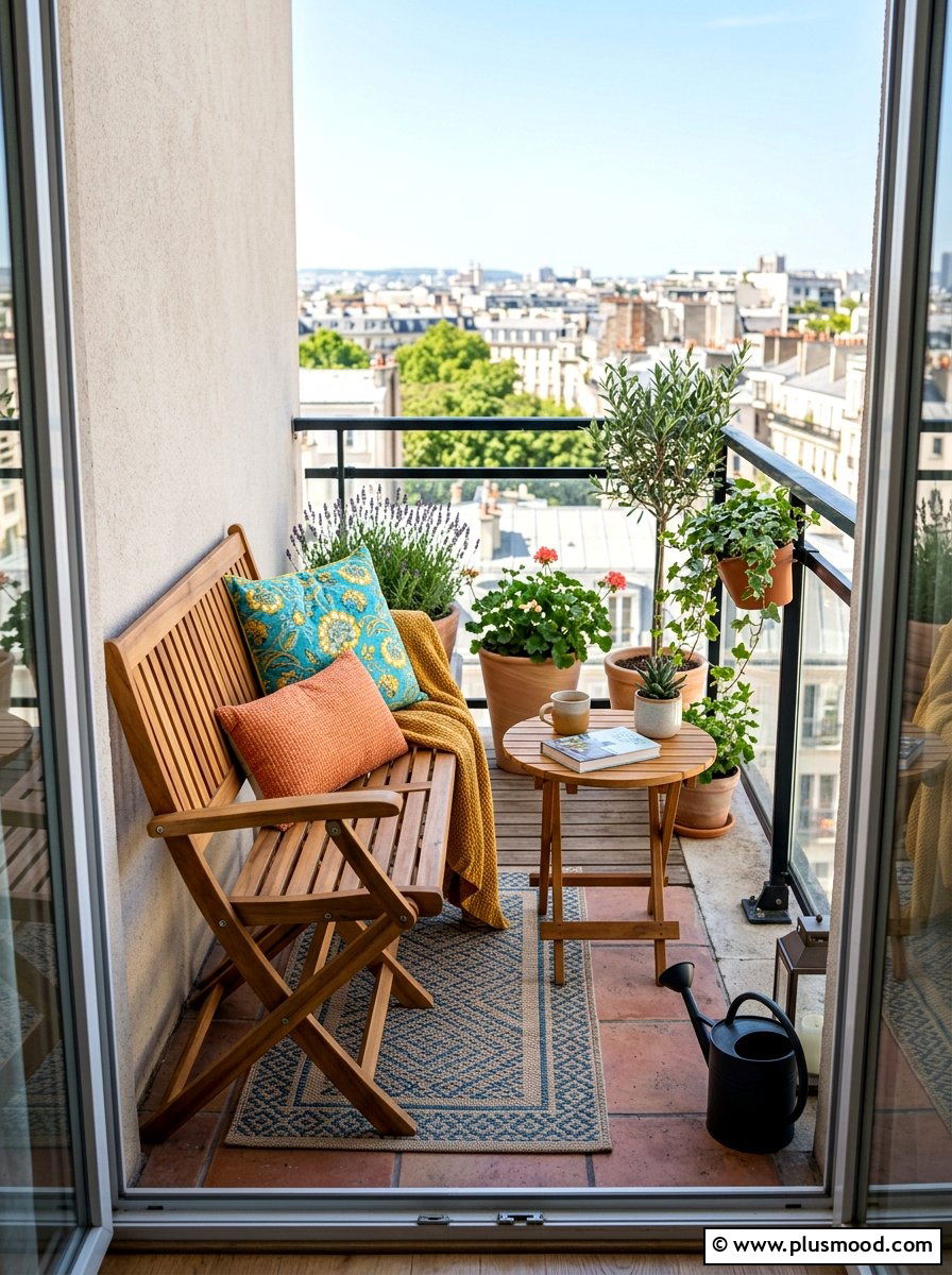 Folding Wooden Bench - 25 summer renter friendly balcony ideas