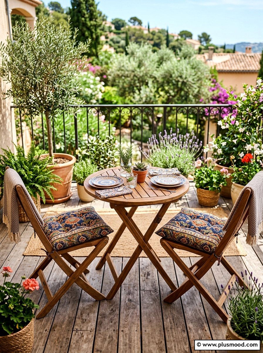Folding wooden balcony bistro set - 25 summer boho balcony ideas