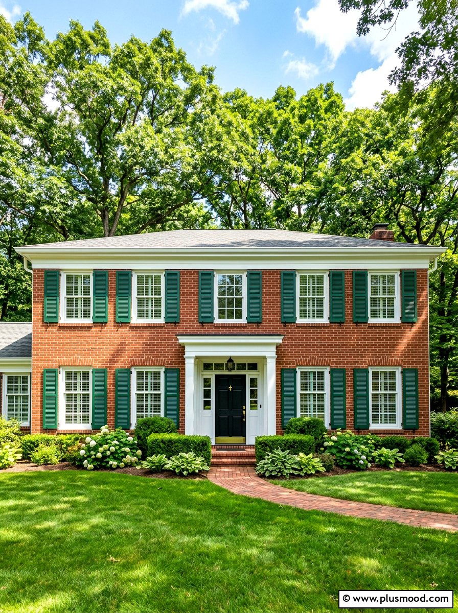 Forest Green Shutters On Brick Home - 25 summer shutters color ideas