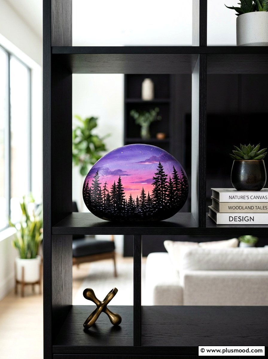 Forest Silhouette Painted Rock - 25 painted rock ideas with nature prints