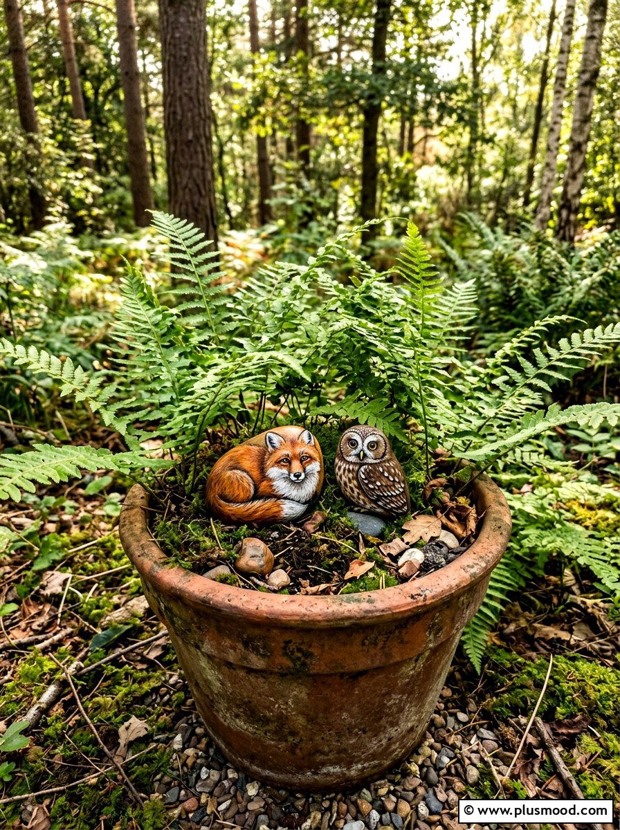 Forest animal rocks - 25 painted rock ideas for potted plant display
