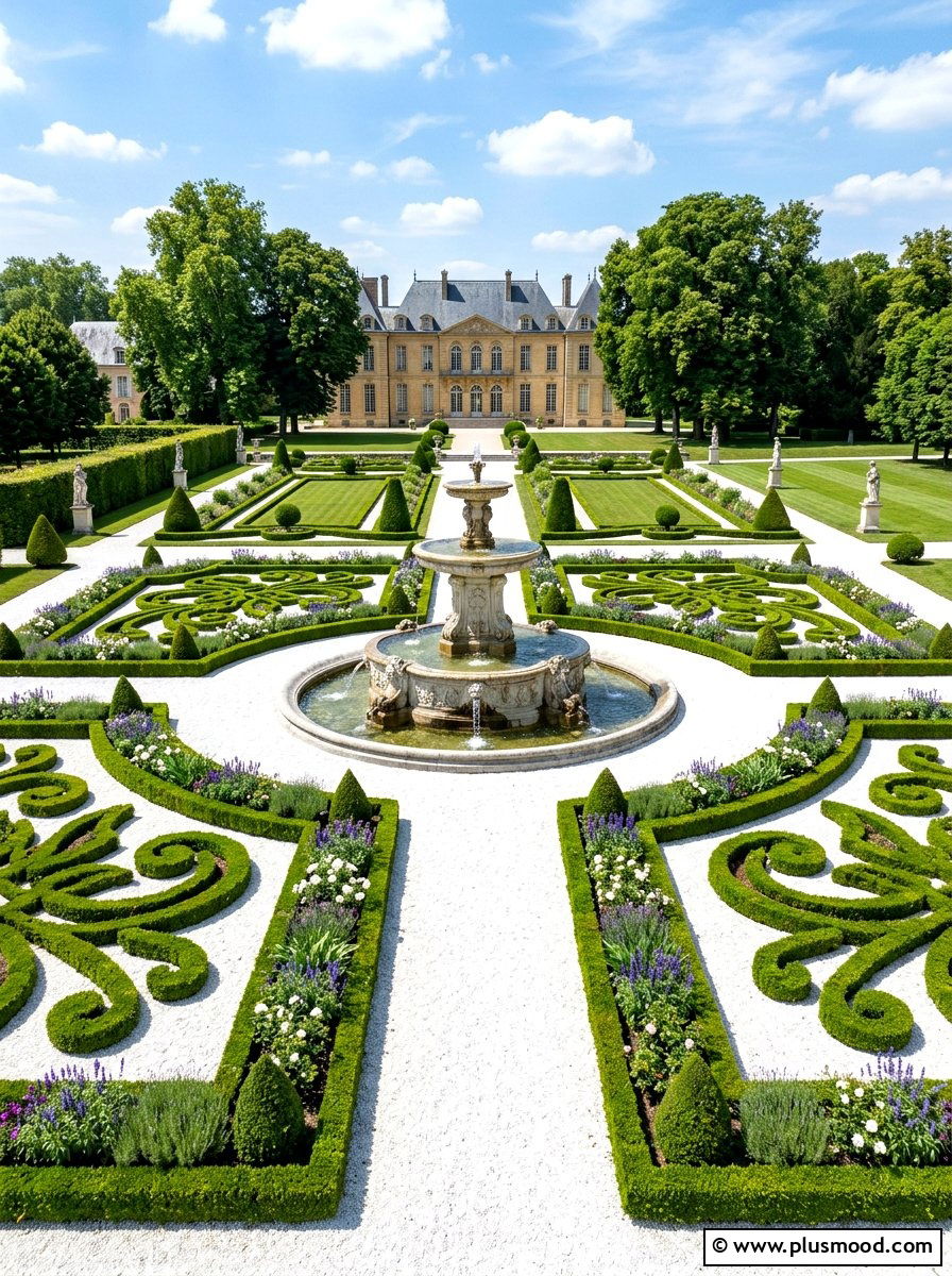 Formal Parterre Garden With Fountain - 25 small backyard ideas with fountain