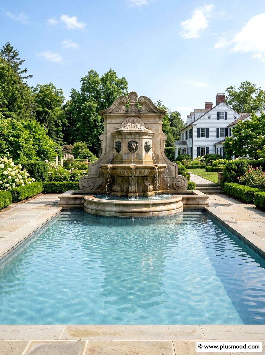 Formal fountain feature - 25 pool landscaping ideas for colonial homes