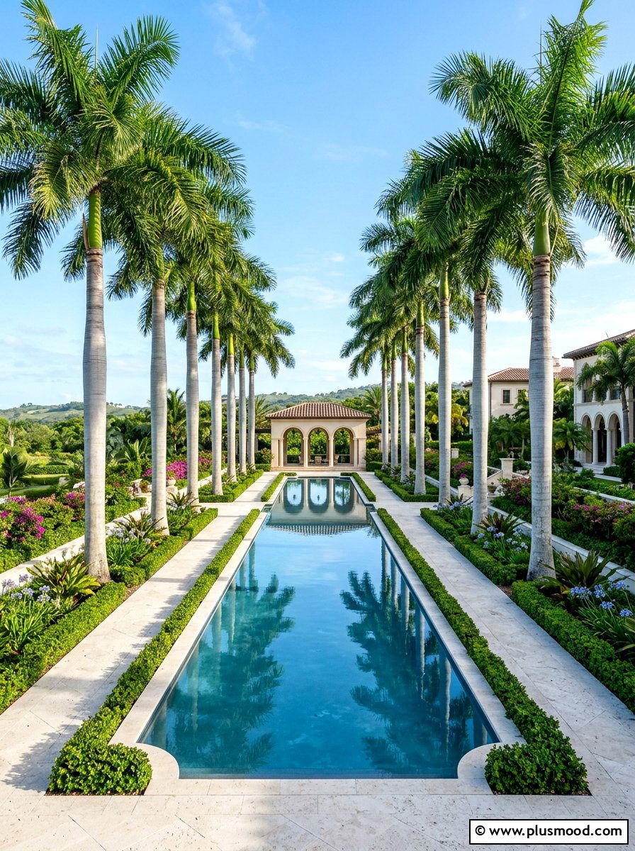 Formal pool garden with royal palms - 25 summer pool landscaping ideas with palms