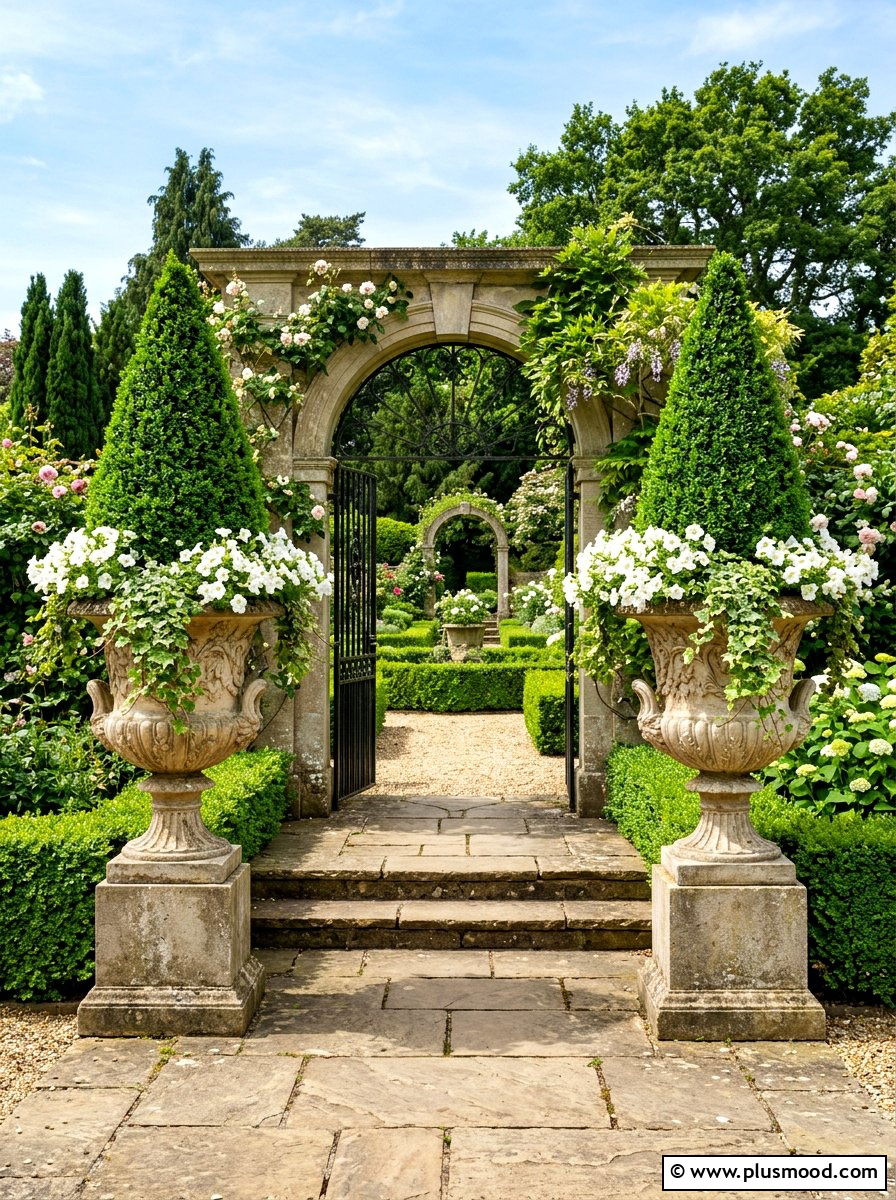 Formal stone urn patio arrangement - 25 summer backyard planter ideas
