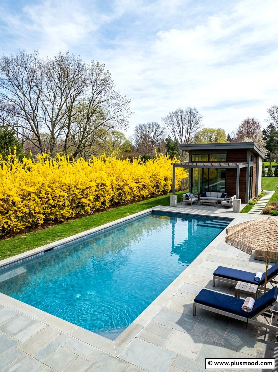Forsythia spring pool border - 25 pool landscaping ideas with shrubs