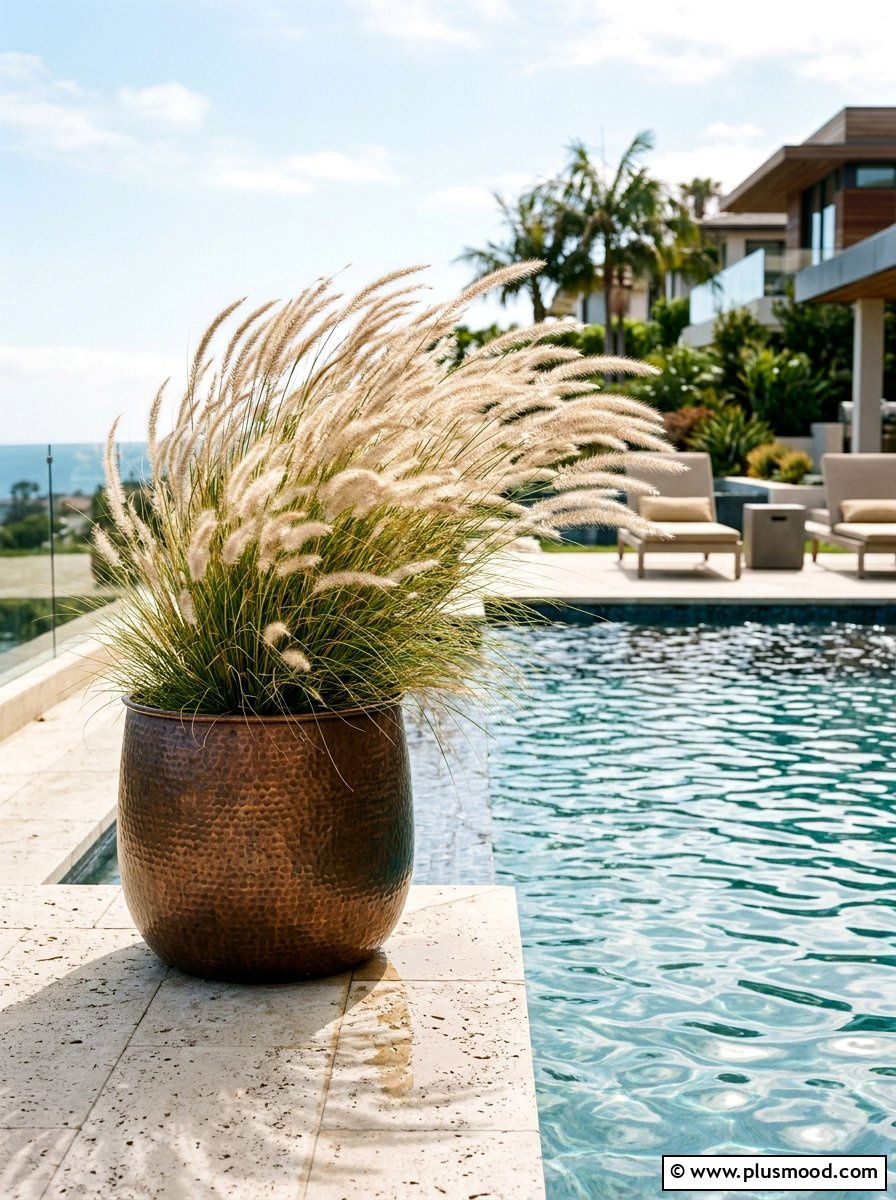Fountain Grass In Texture Finished Pot - 25 pool landscaping ideas with potted plants