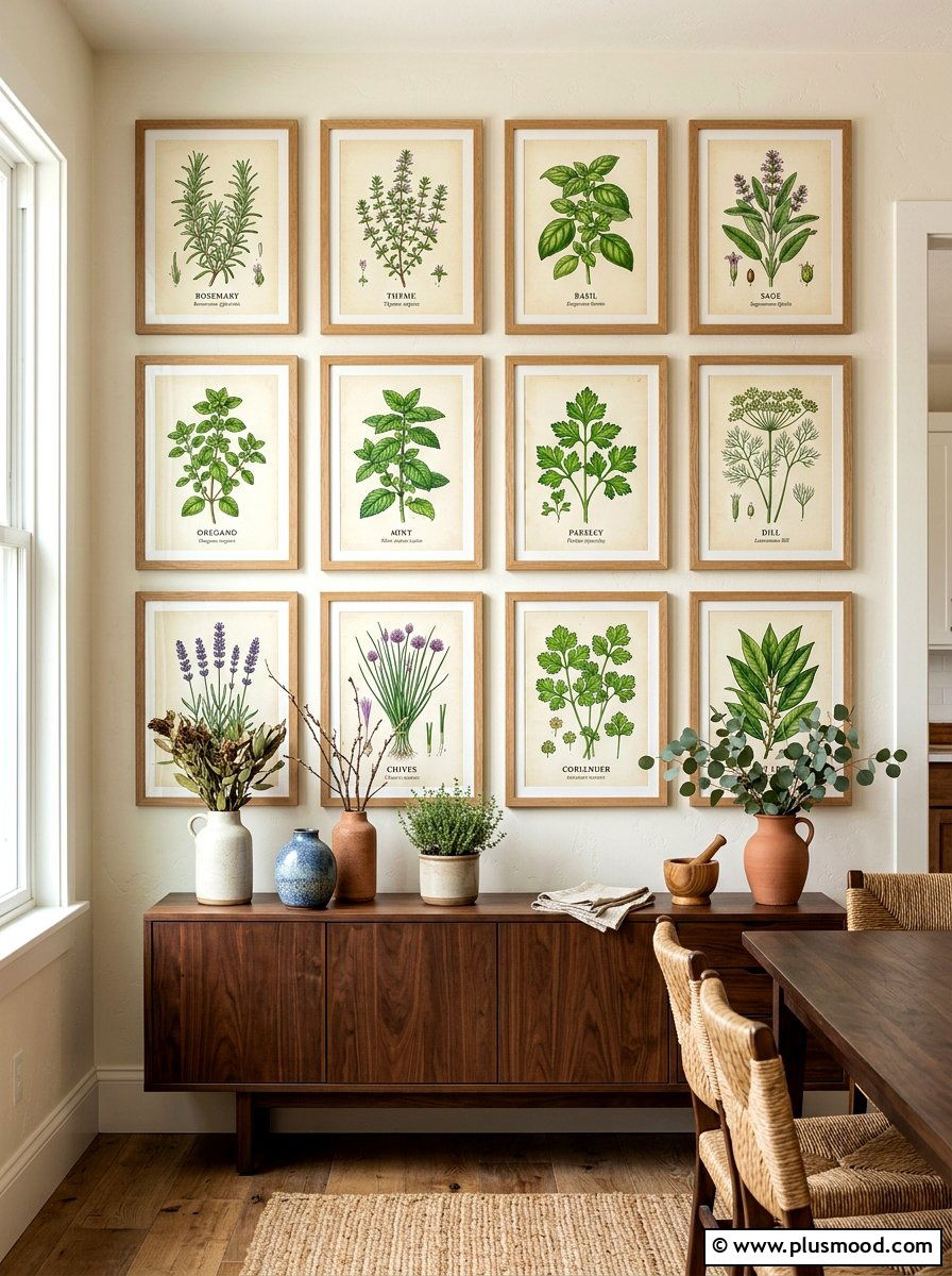 Framed botanical herb print wall - 25 summer French country summer decor ideas
