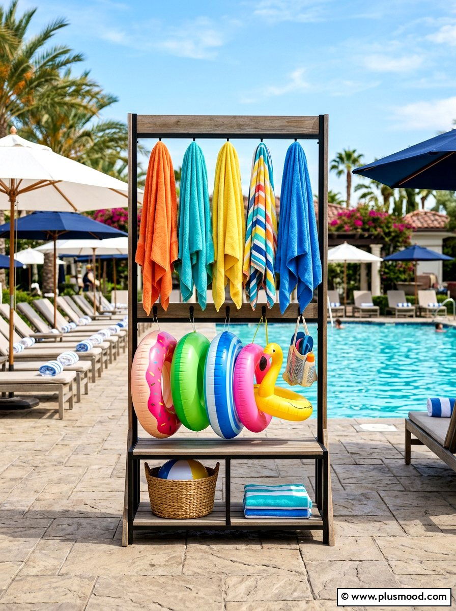 Freestanding Towel Rack - 25 summer pool float storage ideas