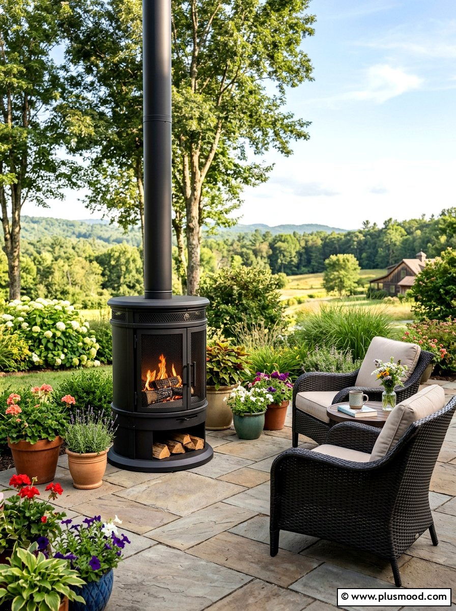 Freestanding metal fireplace for tiny patio - 25 small backyard ideas with outdoor fireplace