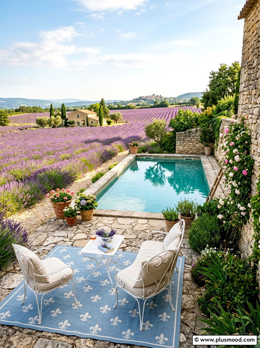 French Country Pool Garden - 25 pool landscaping ideas with outdoor rug