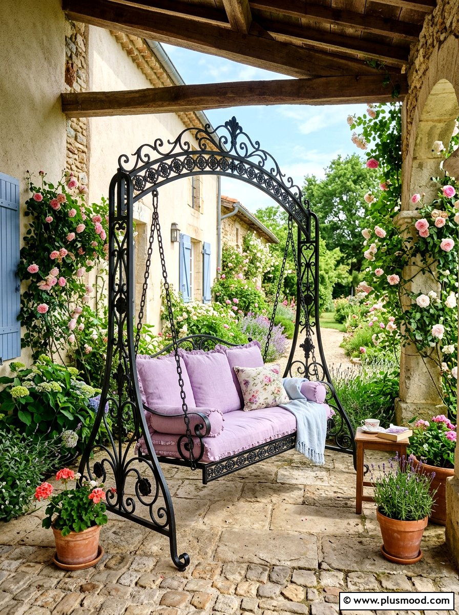 French Country Wrought Iron Swing - 25 summer front porch swing ideas