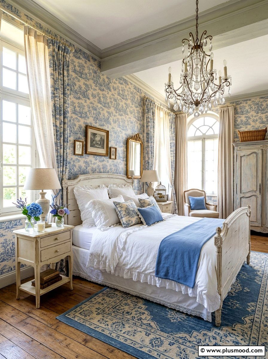 French country bedroom - 25 summer white and blue bedroom ideas