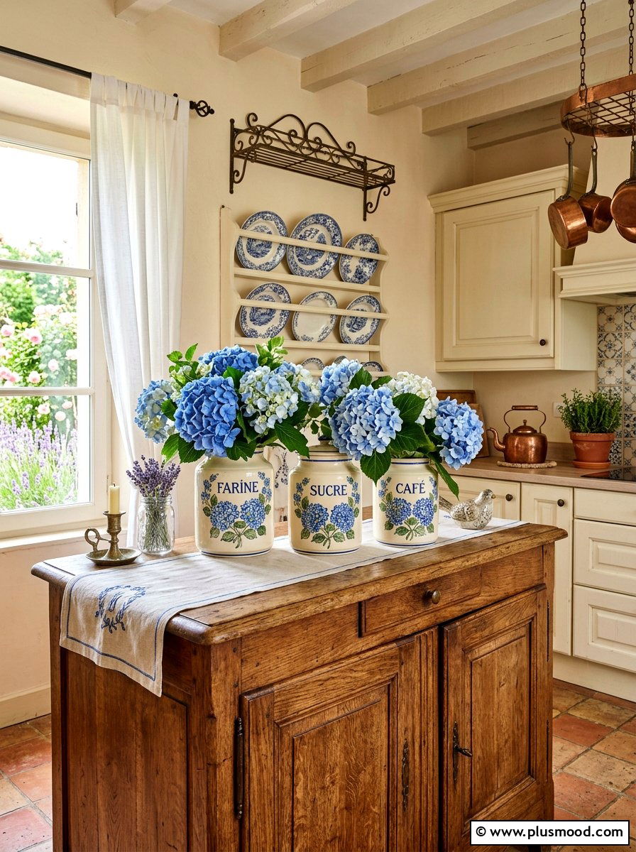 French country hydrangea canisters - 25 summer kitchen decor ideas with hydrangeas