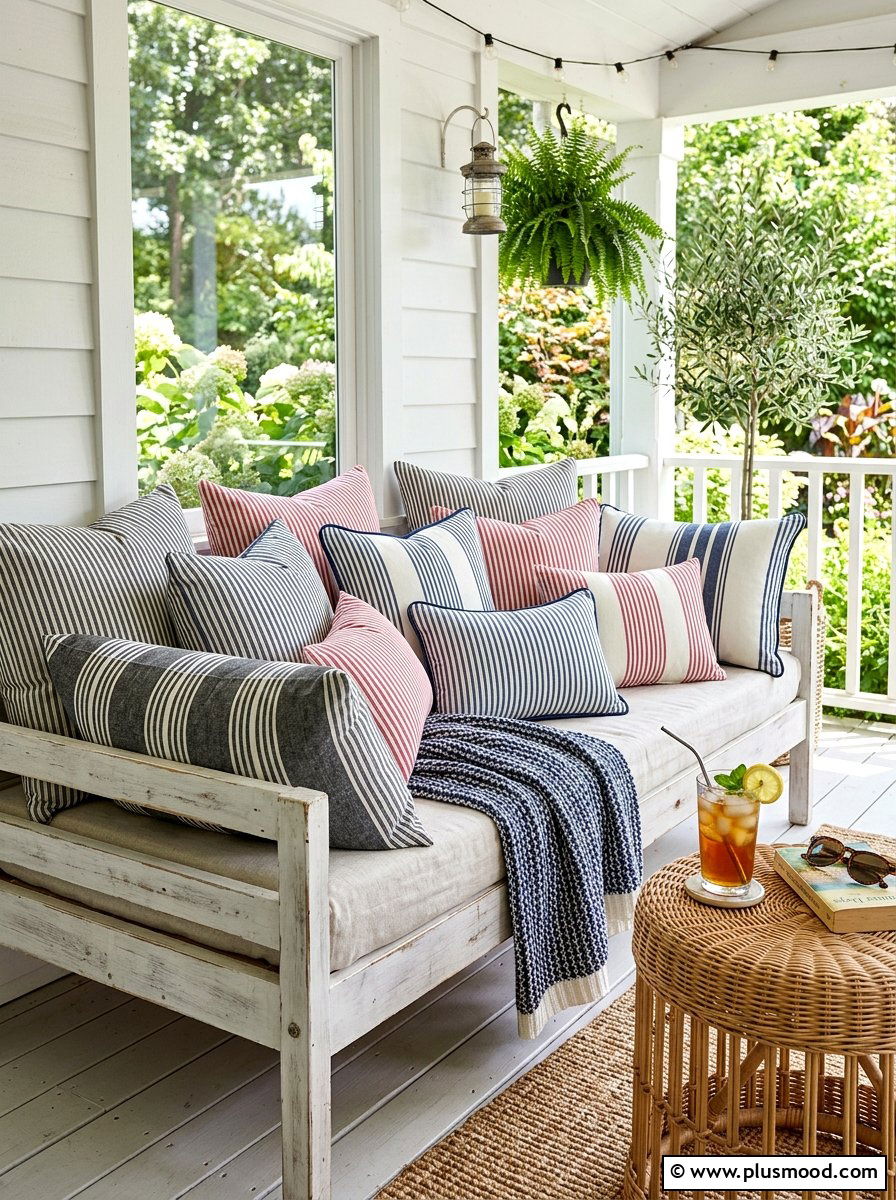 French ticking stripe pillow lounge - 25 summer French country summer decor ideas