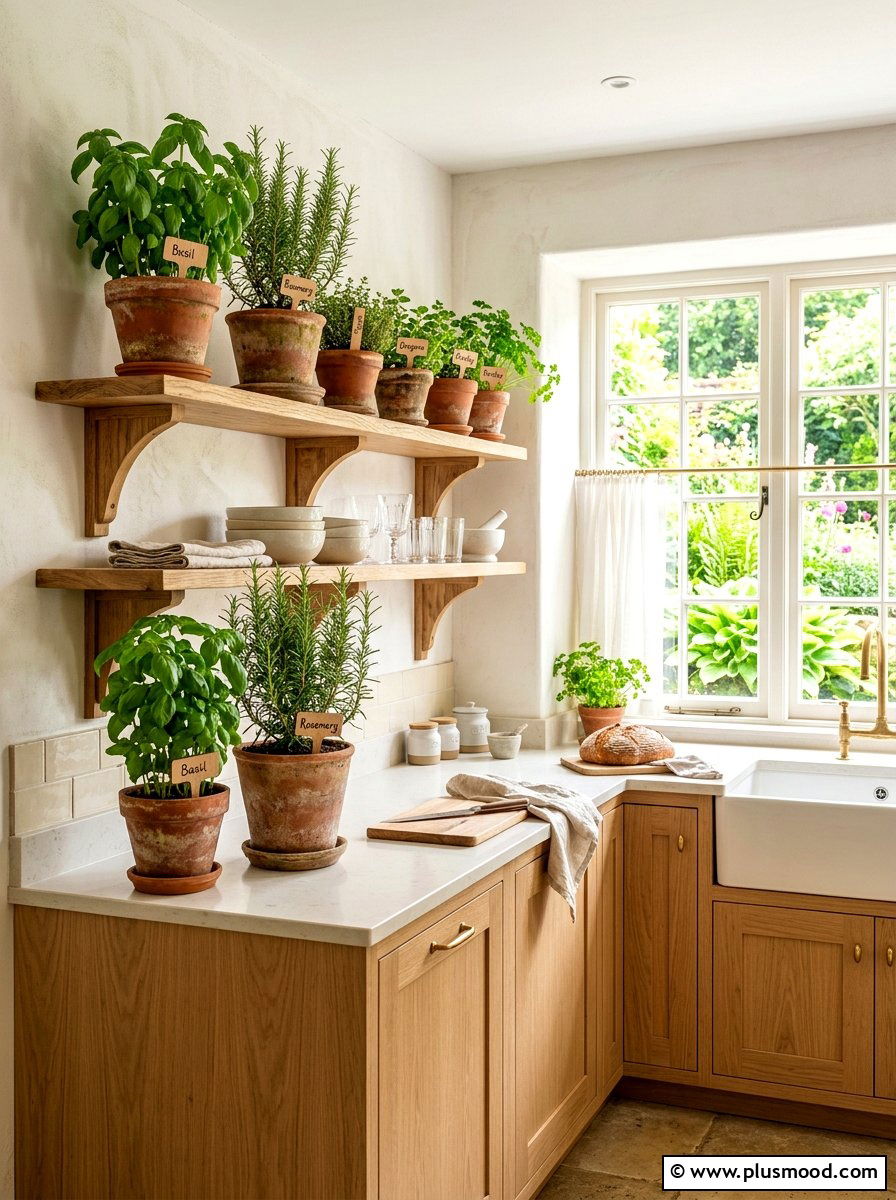 Fresh Herb Potted Plants - 25 summer kitchen shelf decor ideas