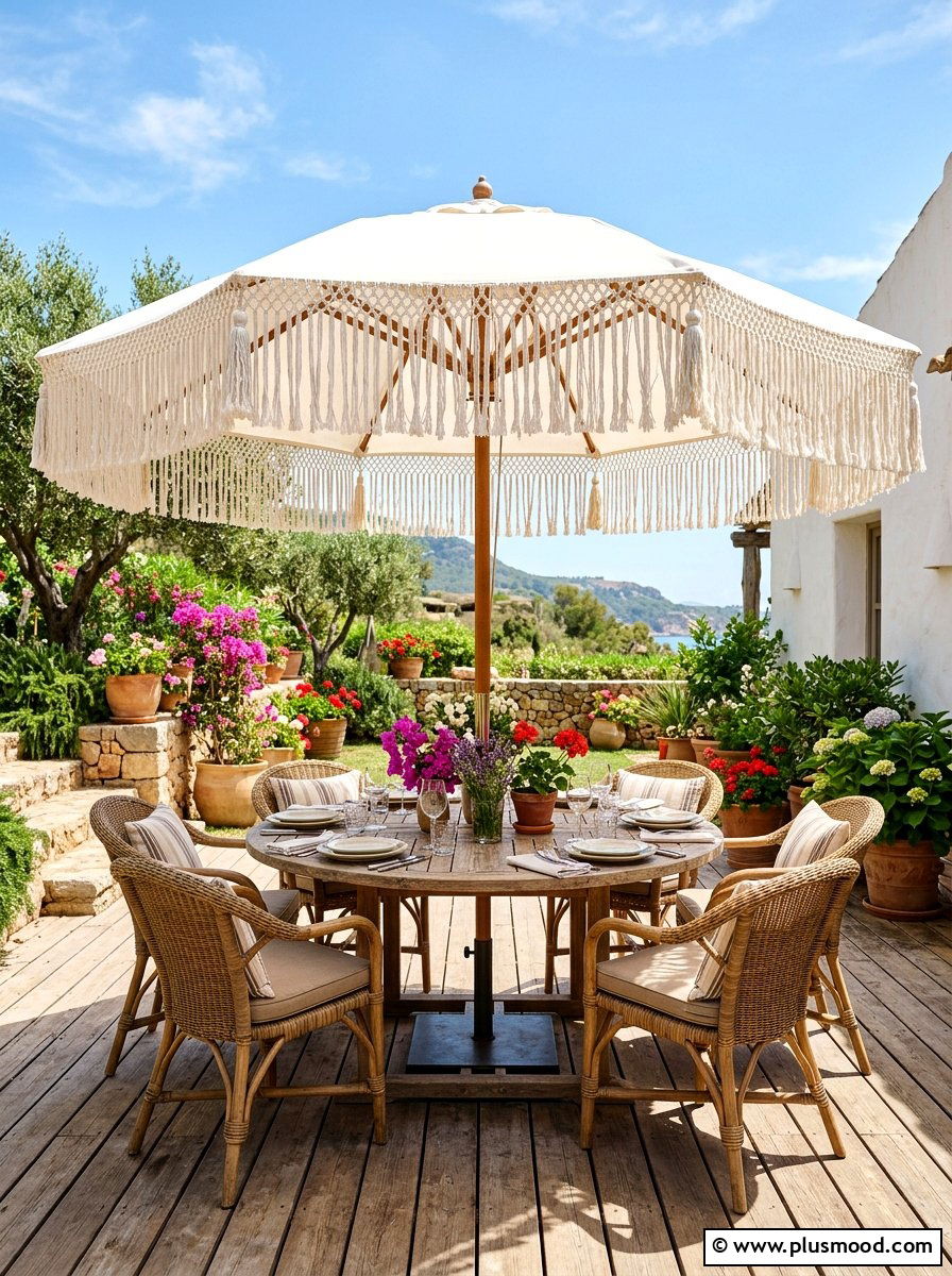 Fringe Patio Umbrella - 25 summer boho patio decor ideas