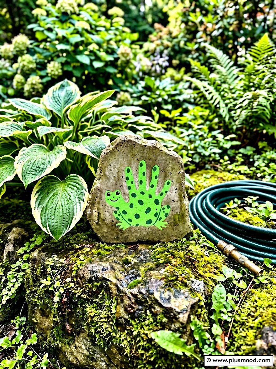 Frog Handprint Stone - 25 painted rock ideas with handprint art