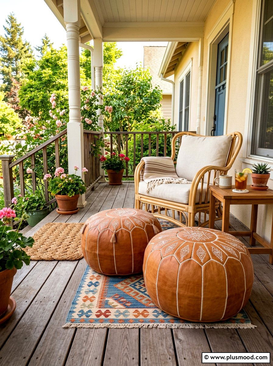 Front Porch Leather Poufs - 25 summer boho front porch ideas