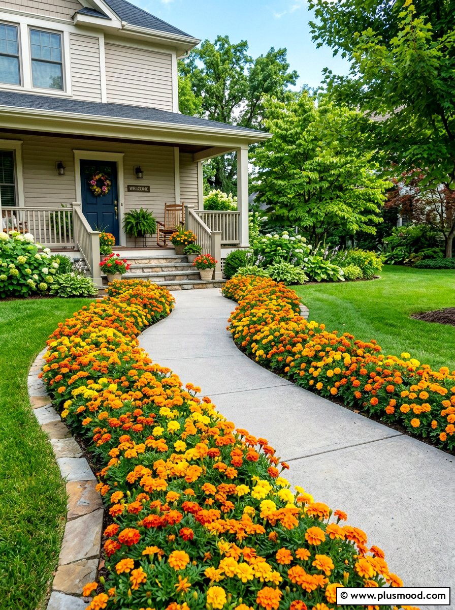 Front Walkway Lining With Marigolds - 25 summer flower bed ideas for front yard