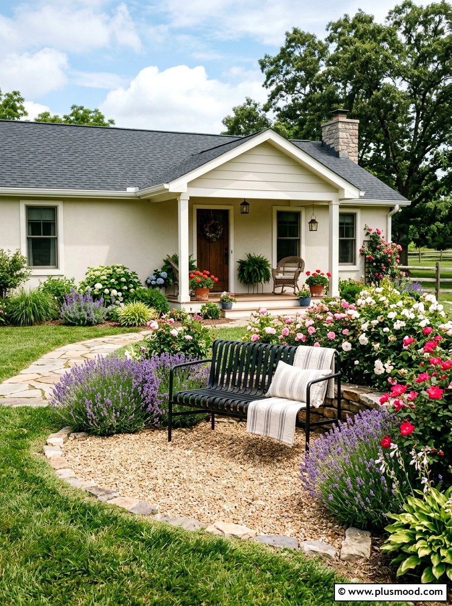Front Yard Bench - 25 summer ranch house curb appeal ideas