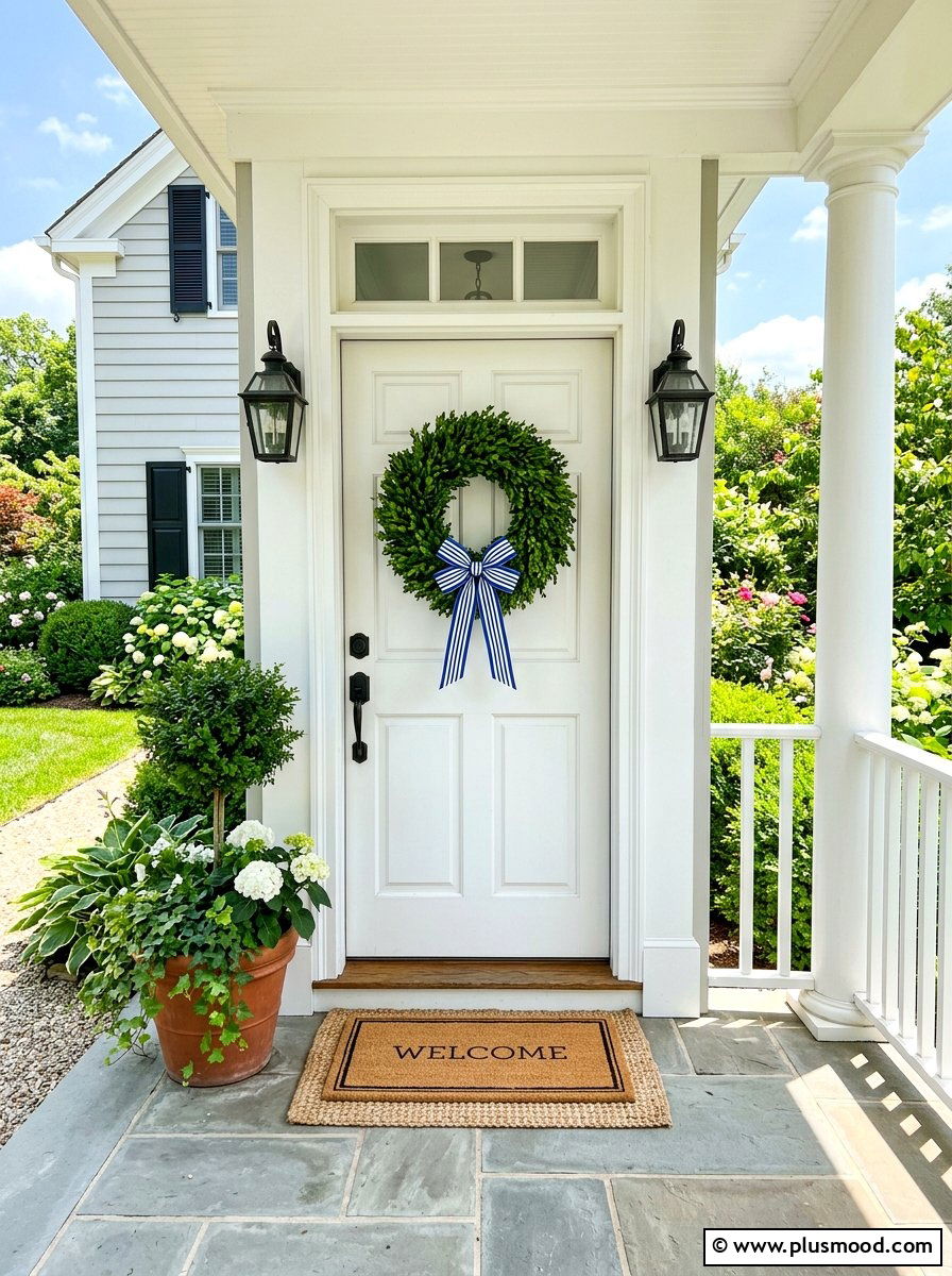 Front door boxwood wreath - 25 summer decor ideas with greenery