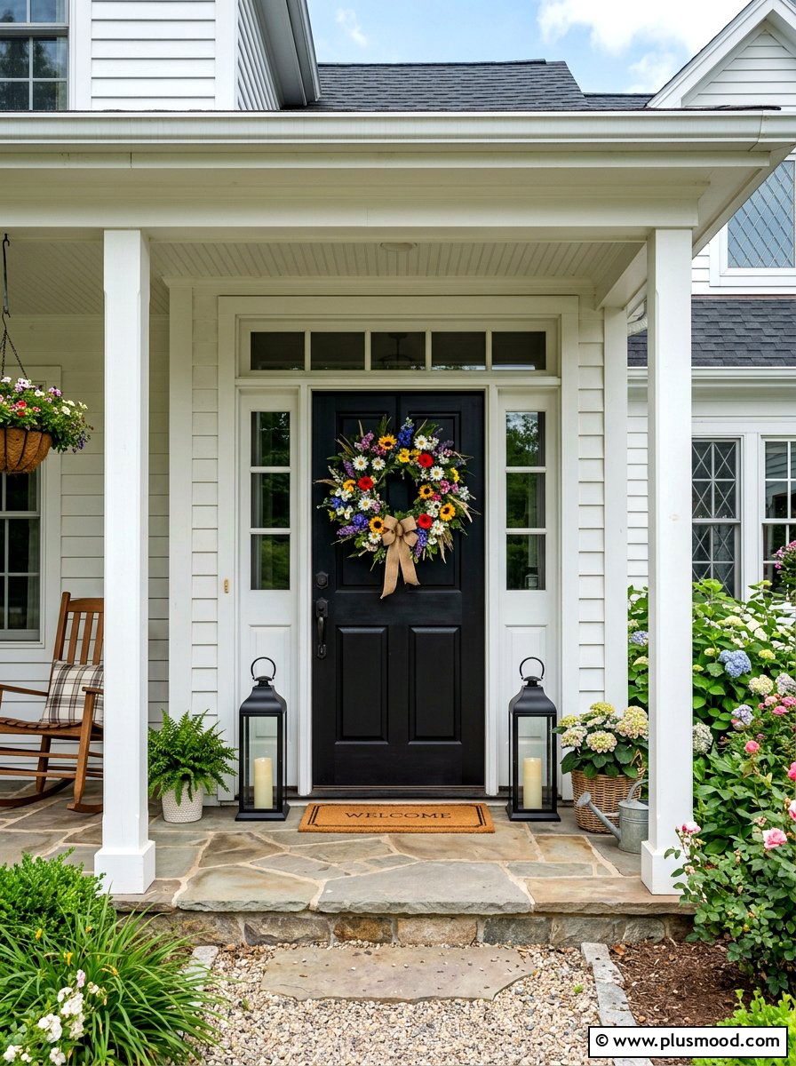 Front door wreath for summer - 25 summer farmhouse porch ideas