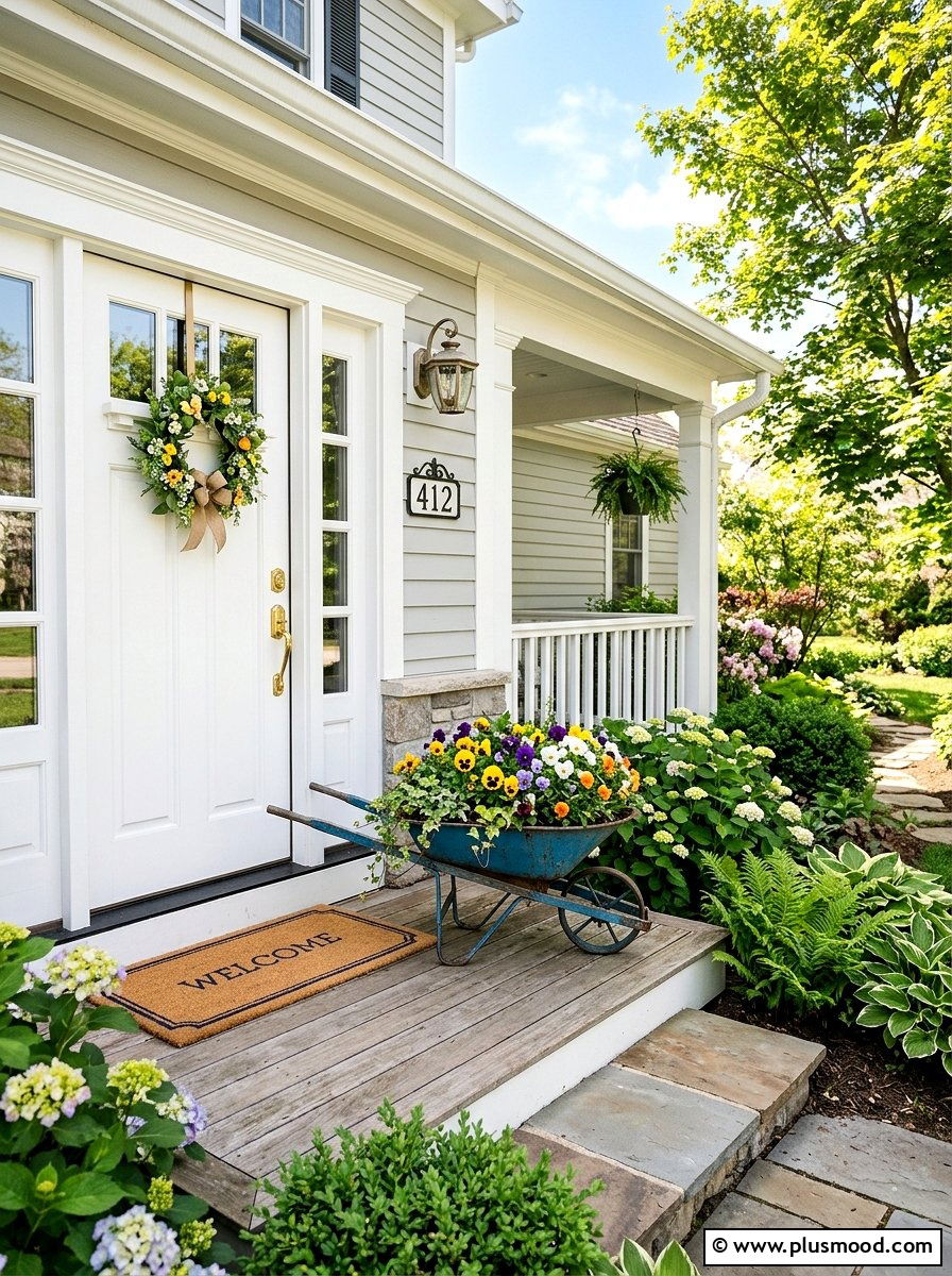 Front porch wheelbarrow decor - 25 outdoor garden decor ideas with wheelbarrow planter