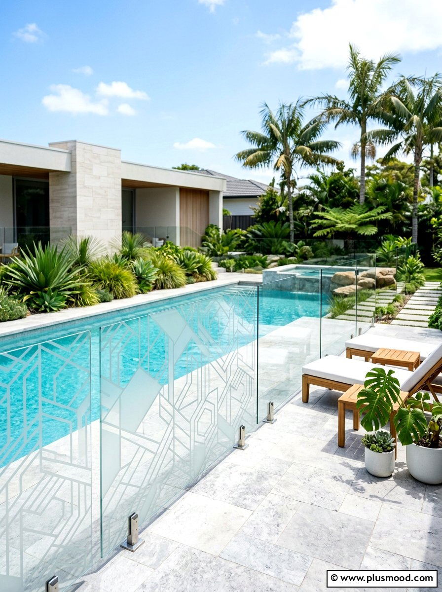 Frosted glass pool fence film - 25 summer pool fence decor ideas