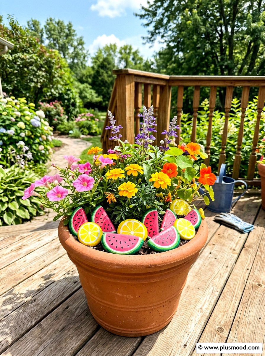 Fruit slice stones - 25 painted rock ideas for potted plant display
