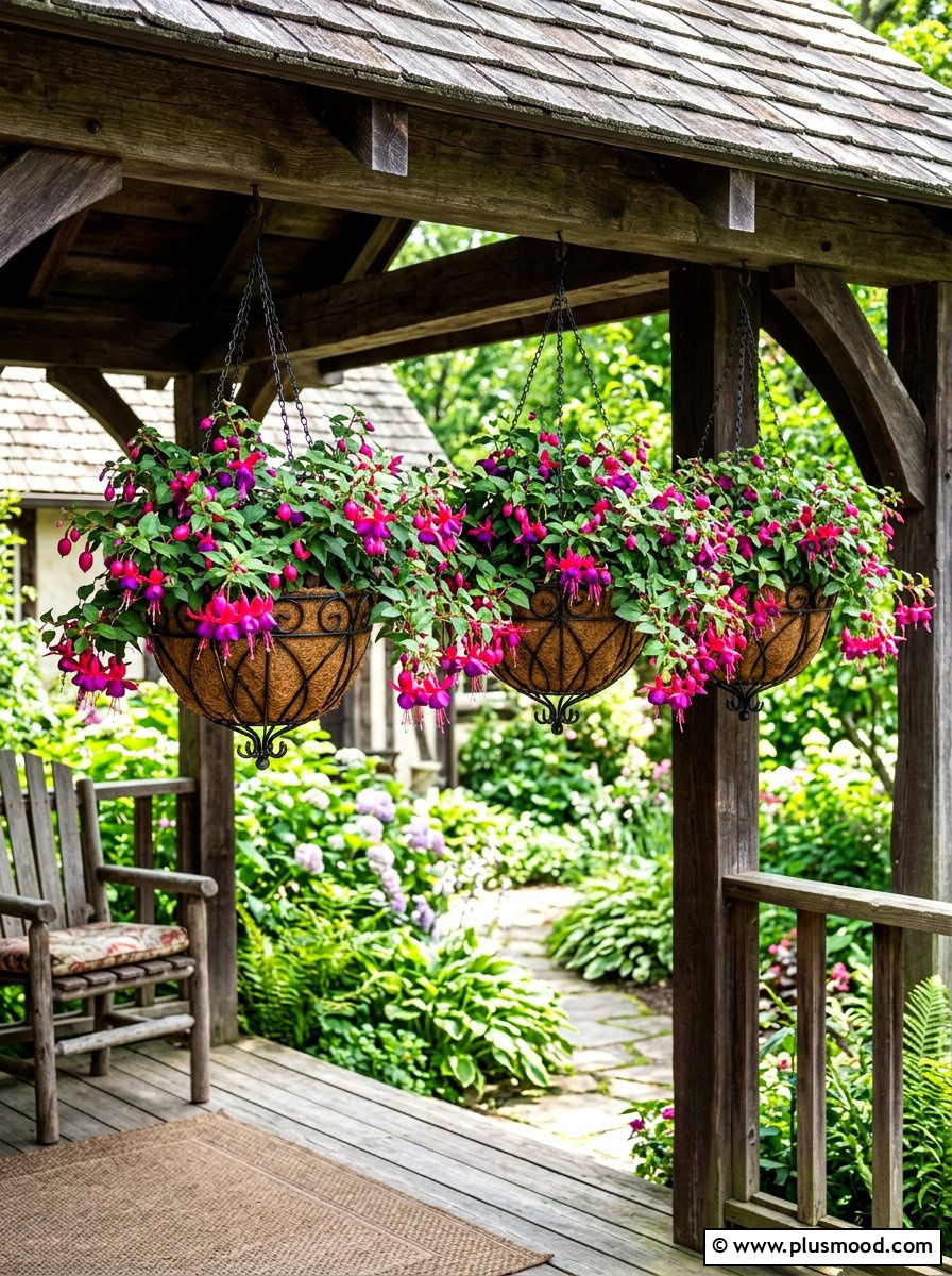 Fuchsia hanging basket display - 25 summer hummingbird garden ideas