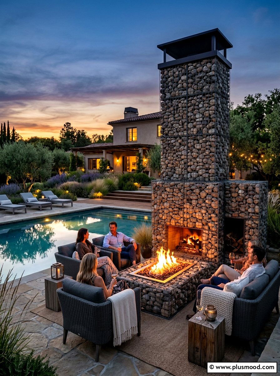 Gabion Fireplace Near Pool - 25 pool landscaping ideas with gabion walls