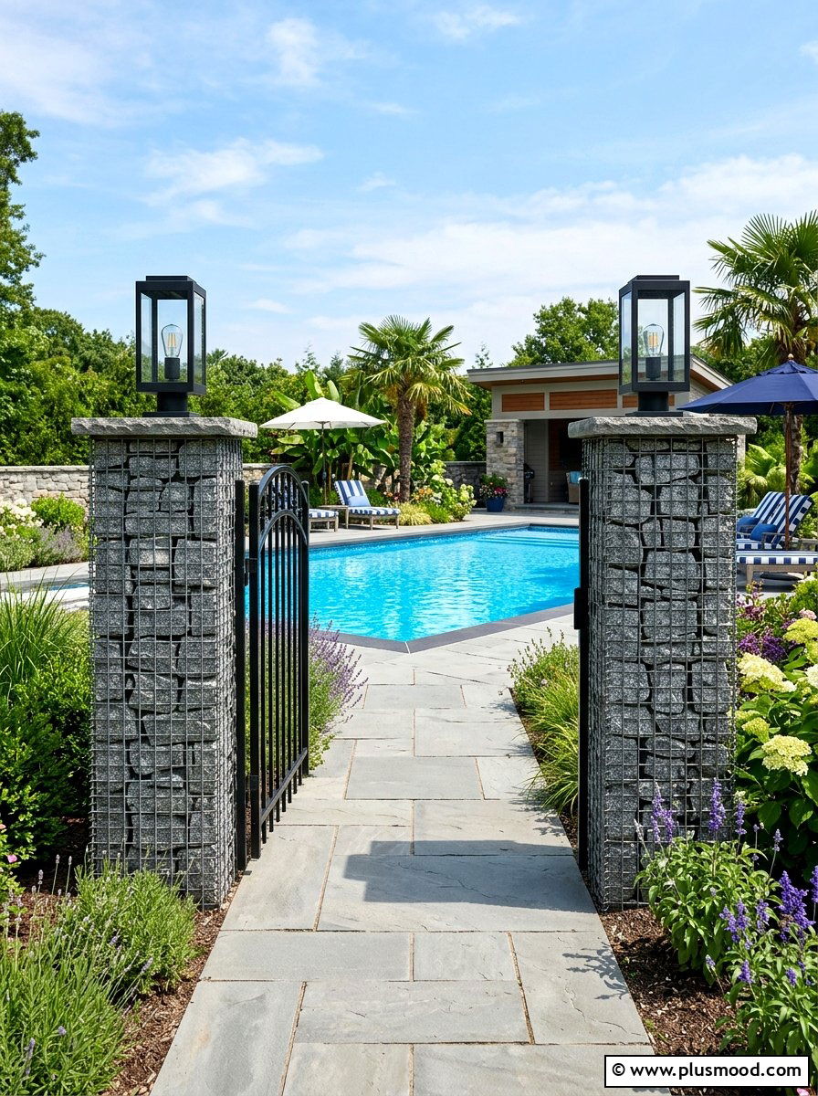 Gabion Pillar Pool Entry - 25 pool landscaping ideas with gabion walls