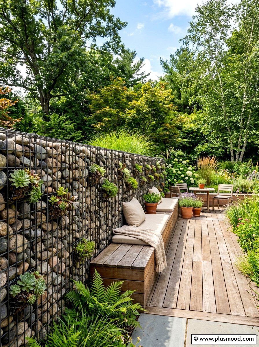 Gabion Wall Fence - 25 small backyard ideas with privacy fence